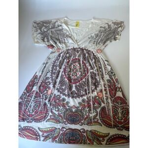 Press Apparel Vintage Y2K Paisley Empire Waist Tunic Mini Dress White Red Boho